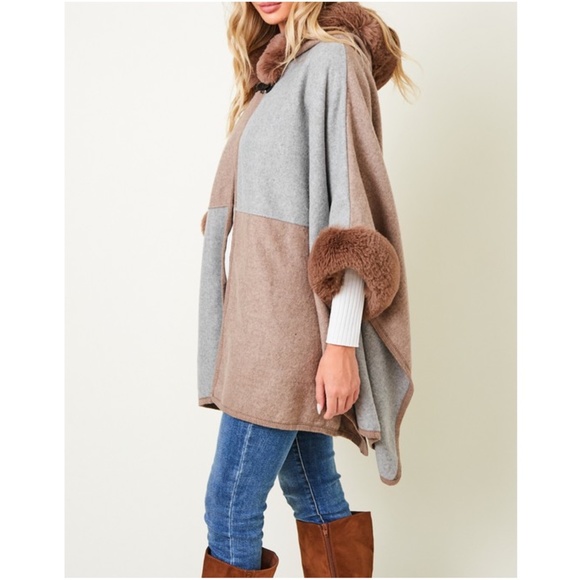 035 Cozy Vegan Fur Color Block Hoodie Jacket Coat - Picture 6 of 6